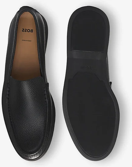 Mens Black Almond-Toe Grained-Leather Moccasin Loafers Eur 43 / 9 Uk Men - Image 2