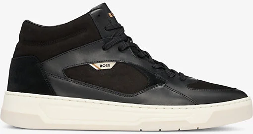 Mens Black Branded-Tongue Leather High-Top Trainers Eur 43 / 9 Uk Men