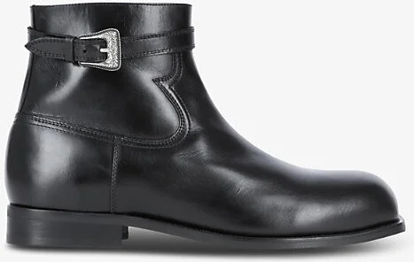 Mens Black Buckle-Embellished Leather Ankle Boots Eur 42 / 8 Uk Men