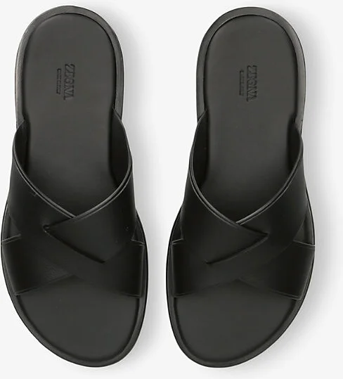 Mens Black Crossover-Strap Leather Flat Sandals Eur 44 / 10 Uk Men - Image 2