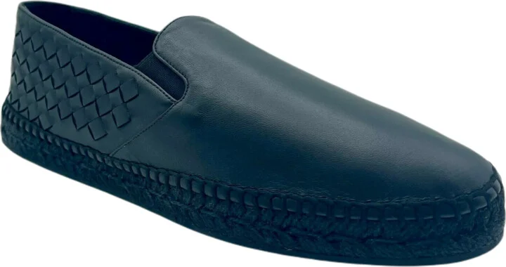 Men's Black Leather Woven Slip on Espadrilles
