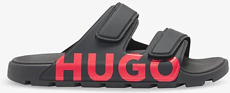 Mens Black Logo-Print Double-Strap Slip-On Rubber Sandals Eur 41 / 7 Uk Men