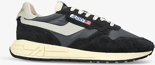 Mens Black Reelwind Brand-Embroidered Leather and Nylon Low-Top Trainers Eur 42 / 8 Uk Men