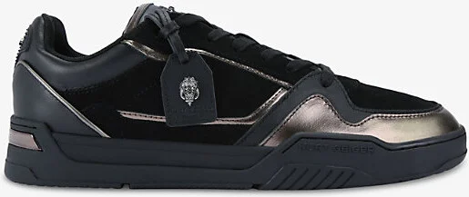 Mens Black Regan Brand-Tag Leather Low-Top Trainers Eur 40 / 6 Uk Men