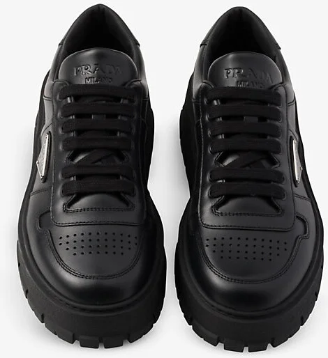 Mens Black Triangle-Plaque Lace-Up Leather Low-Top Trainers Eur 41.5 / 7.5 Uk Men - Image 2