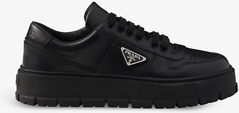 Mens Black Triangle-Plaque Lace-Up Leather Low-Top Trainers Eur 41.5 / 7.5 Uk Men
