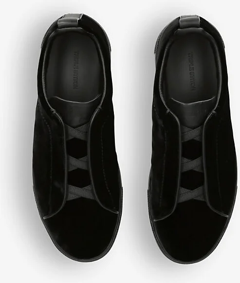 Mens Black Triple Stitch Velvet and Leather Low-Top Trainers Eur 45 / 11 Uk Men - Image 2