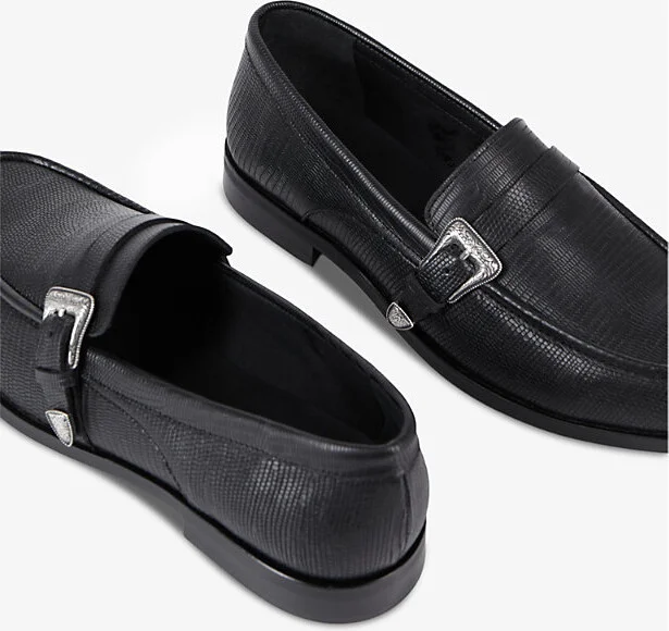 Mens Black Western-Buckle Lizard-Embossed Leather Loafers 5 - Image 2