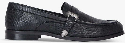 Mens Black Western-Buckle Lizard-Embossed Leather Loafers 5