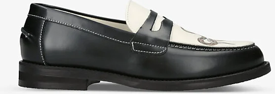 Mens Blk/White Wilde Snake-Graphic Print Leather Penny Loafers Eur 41 / 7 Uk Men
