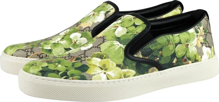 Men's Bloom Flower Print Supreme GG Green Canvas Slip Sneakers 407362 8961 - Image 2