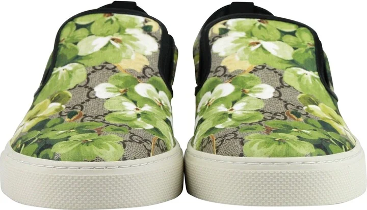 Men's Bloom Flower Print Supreme GG Green Canvas Slip Sneakers 407362 8961 - Image 3