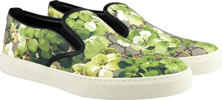 Men's Bloom Flower Print Supreme GG Green Canvas Slip Sneakers 407362 8961 - Image 4