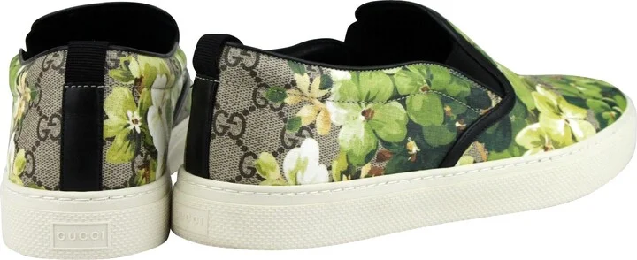 Men's Bloom Flower Print Supreme GG Green Canvas Slip Sneakers 407362 8961 - Image 5