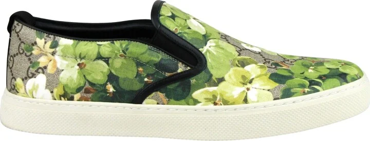 Men's Bloom Flower Print Supreme GG Green Canvas Slip Sneakers 407362 8961 - Image 7