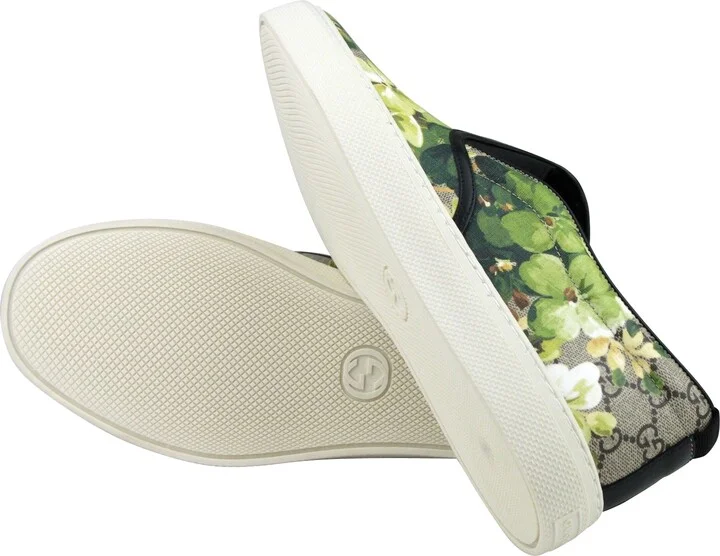 Men's Bloom Flower Print Supreme GG Green Canvas Slip Sneakers 407362 8961 - Image 9