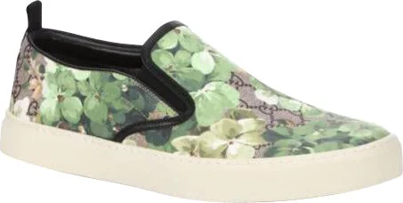 Men's Bloom Flower Print Supreme GG Green Canvas Slip Sneakers 407362 8961