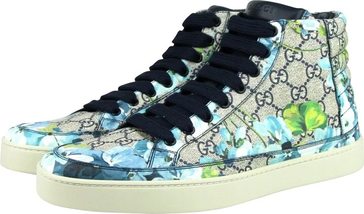 Men's Bloom Print Supreme GG Blue Canvas Hi Top Sneaker Shoes - Image 2
