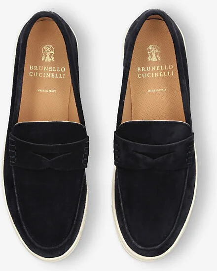 Mens Blue/Dark Hybrid Logo-Embroidered Suede Penny Loafers Eur 41 / 7 Uk Men - Image 2