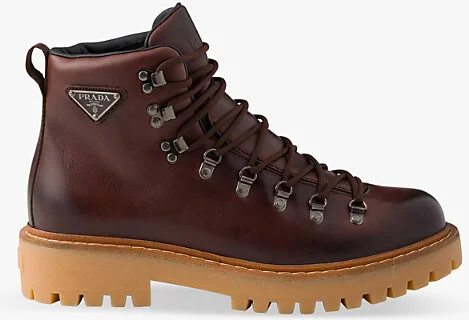 Mens Brown Triangle-Plaque Lugged-Sole Leather Work Boots Eur 42.5 / 8.5 Uk Men