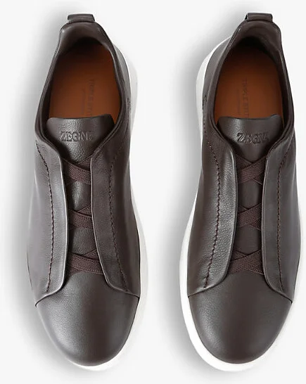 Mens Brown Triple Stitch Secondskin Panelled Leather Low-Top Trainers Eur 43 / 9 Uk Men - Image 2