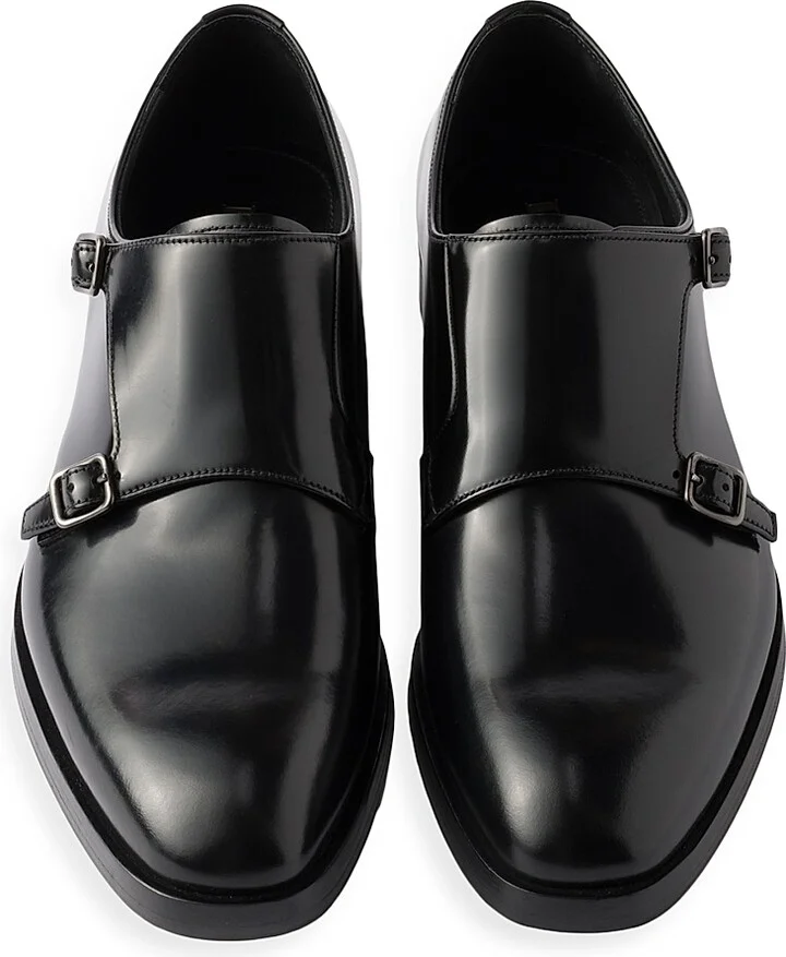 Men's Brushed Leather Double Monk Strap Shoes - Black - Size 7 - Image 2