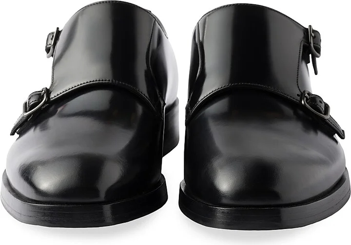 Men's Brushed Leather Double Monk Strap Shoes - Black - Size 7 - Image 4