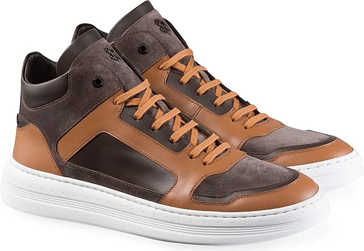 Men's Calfskin Leather and Suede High-Top Sneakers - Brown - Size 6 - Image 2