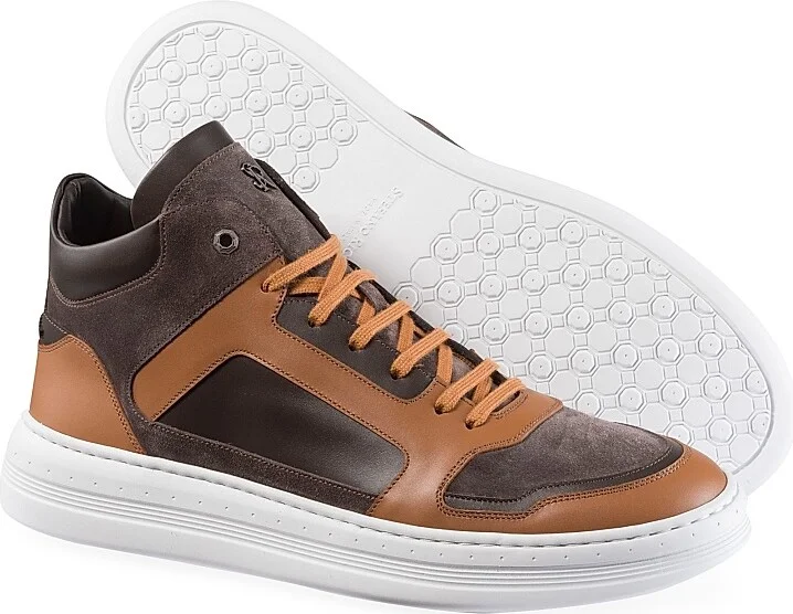 Men's Calfskin Leather and Suede High-Top Sneakers - Brown - Size 6 - Image 3