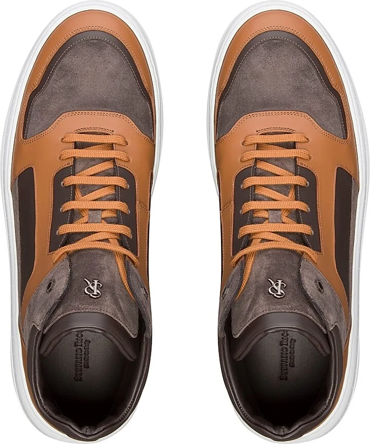 Men's Calfskin Leather and Suede High-Top Sneakers - Brown - Size 6 - Image 4