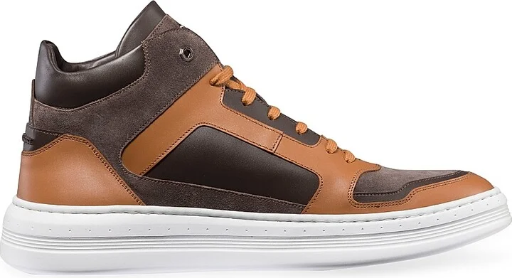 Men's Calfskin Leather and Suede High-Top Sneakers - Brown - Size 6