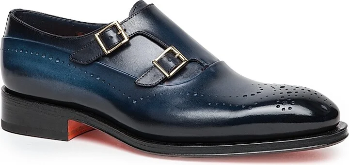 Men's Carter Monk Strap Leather Brogue Loafers - Light Blue - Size 9 - Image 2