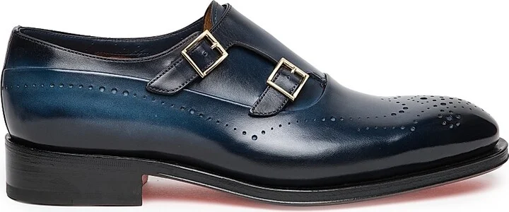 Men's Carter Monk Strap Leather Brogue Loafers - Light Blue - Size 9