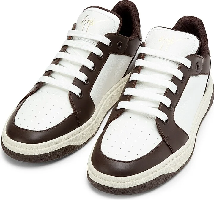 Men's Colorblocked Leather Low-Top Sneakers - White Brown - Size 8 - Image 2