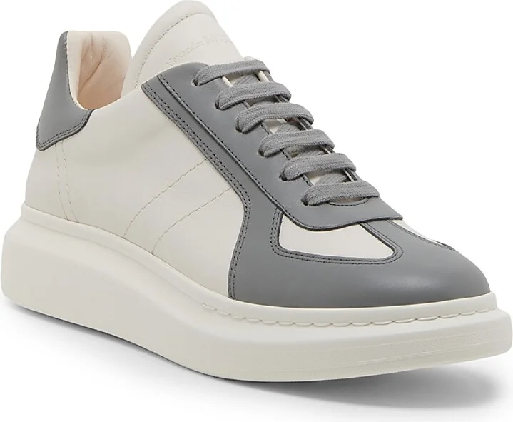 Men's Colorblocked Low-Top Leather Sneakers - Off White Grey - Size 7 - Image 3