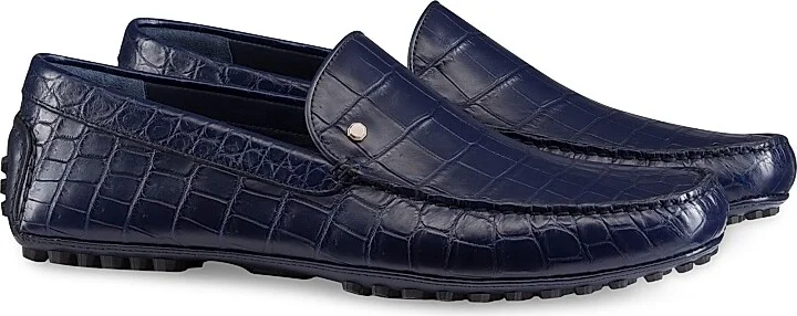 Men's Crocodile and Calfskin Leather Driving Shoes - Blue - Size 5 - Image 2