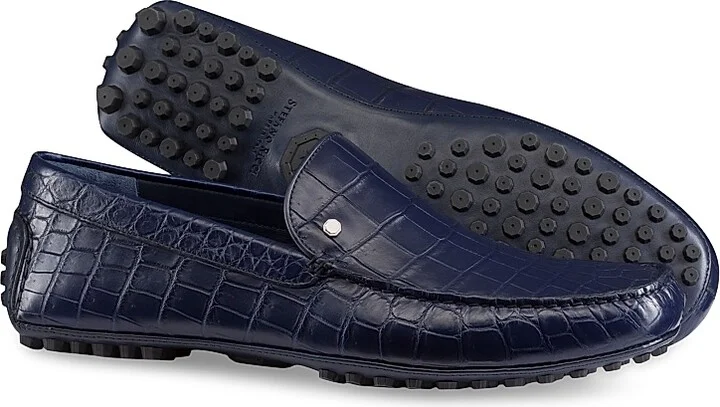 Men's Crocodile and Calfskin Leather Driving Shoes - Blue - Size 5 - Image 3