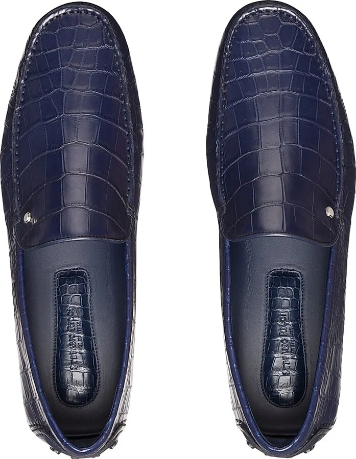Men's Crocodile and Calfskin Leather Driving Shoes - Blue - Size 5 - Image 4