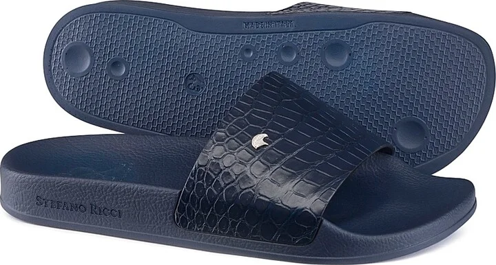 Men's Crocodile Leather Slides - Blue - Size 7 - Image 3