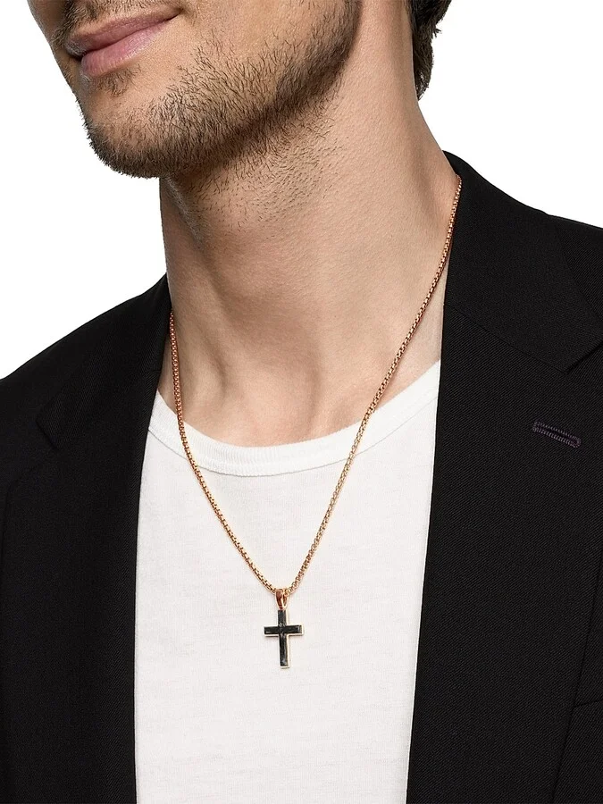 Men's Cross Amulet in 18K Rose Gold with Forged Carbon, 24MM - Forged Carbon - Image 2