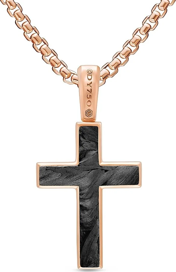 Men's Cross Amulet in 18K Rose Gold with Forged Carbon, 24MM - Forged Carbon - Image 4