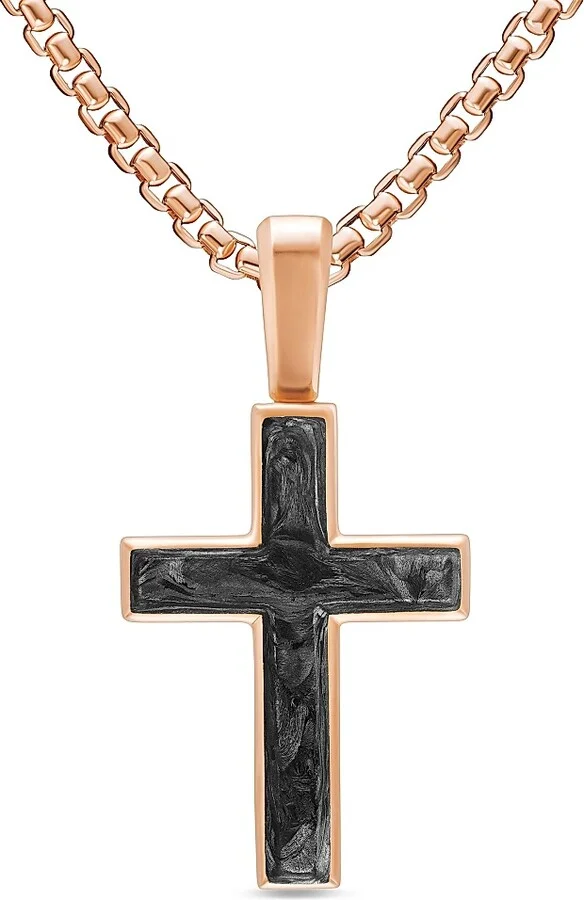 Men's Cross Amulet in 18K Rose Gold with Forged Carbon, 24MM - Forged Carbon