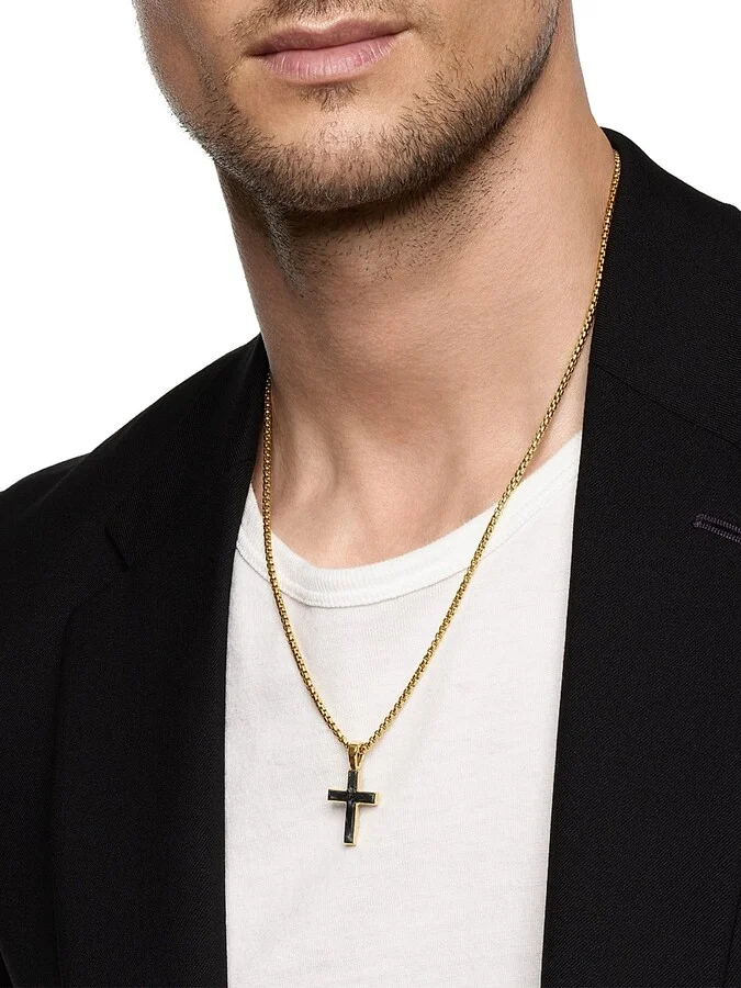 Men's Cross Amulet in 18K Yellow Gold with Forged Carbon, 24MM - Forged Carbon - Image 2