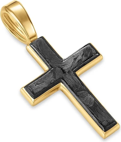 Men's Cross Amulet in 18K Yellow Gold with Forged Carbon, 24MM - Forged Carbon - Image 3