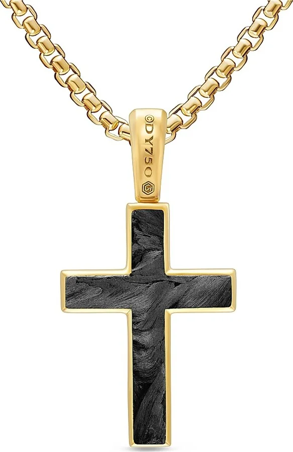 Men's Cross Amulet in 18K Yellow Gold with Forged Carbon, 24MM - Forged Carbon - Image 4