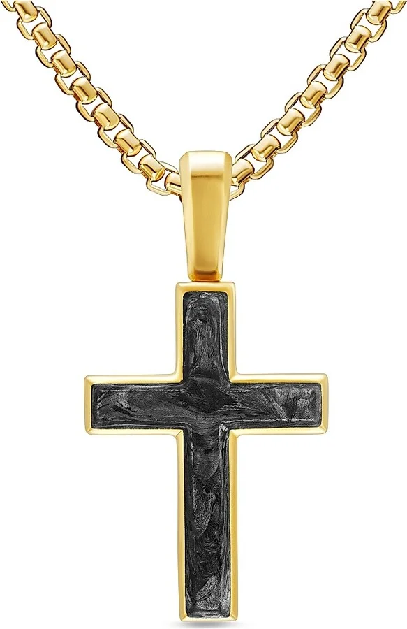 Men's Cross Amulet in 18K Yellow Gold with Forged Carbon, 24MM - Forged Carbon