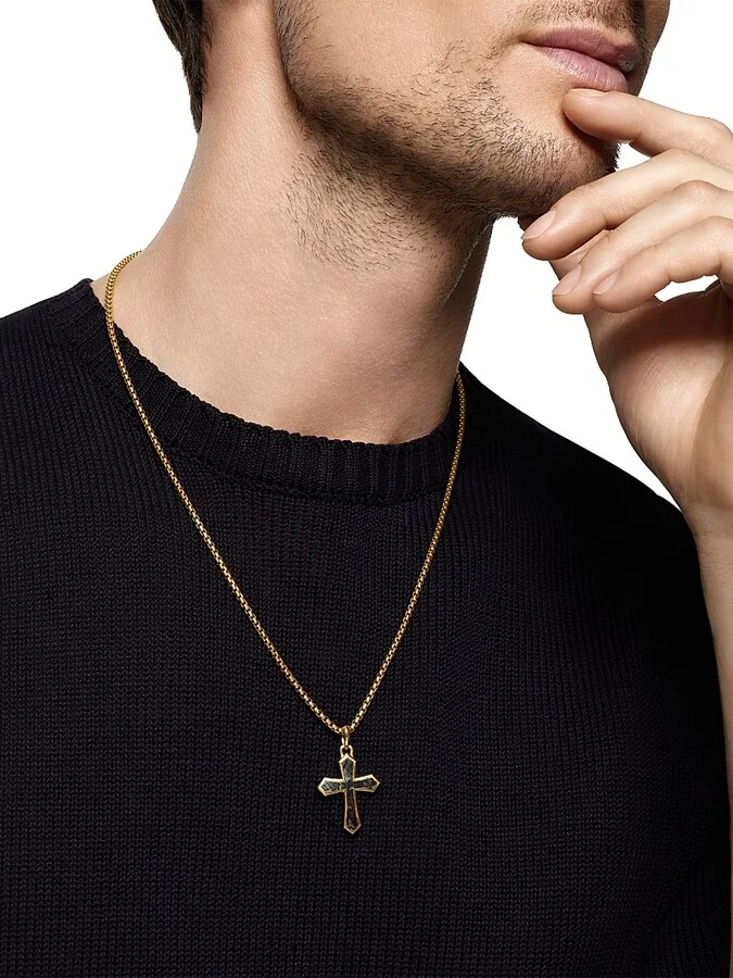 Men's Cross Amulet in 18K Yellow Gold with Forged Carbon, 28MM - Forged Carbon - Image 2