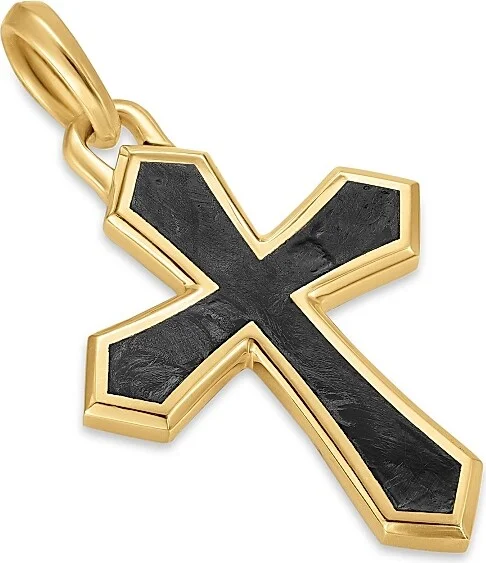 Men's Cross Amulet in 18K Yellow Gold with Forged Carbon, 28MM - Forged Carbon - Image 3