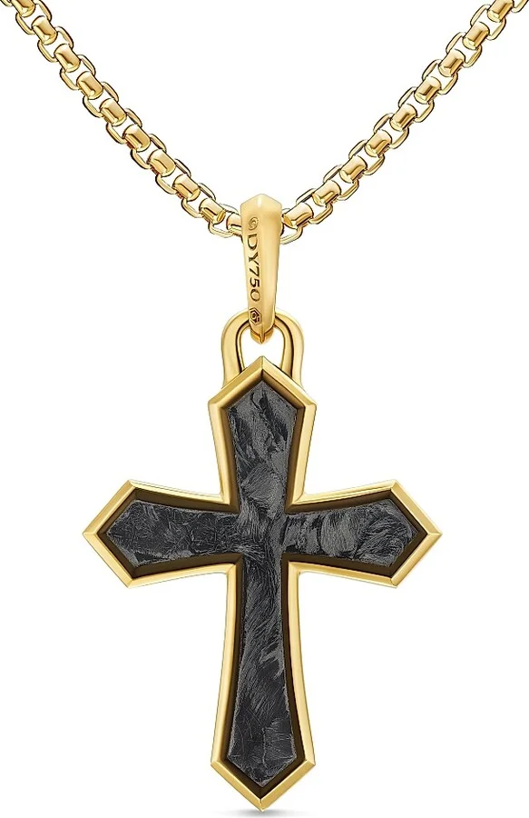 Men's Cross Amulet in 18K Yellow Gold with Forged Carbon, 28MM - Forged Carbon - Image 4