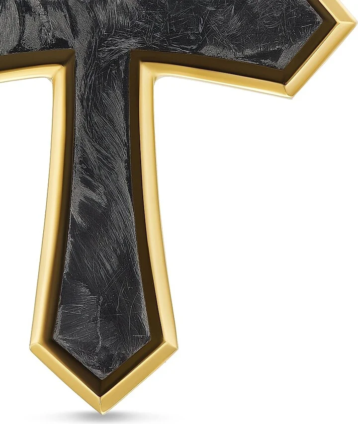 Men's Cross Amulet in 18K Yellow Gold with Forged Carbon, 28MM - Forged Carbon - Image 5